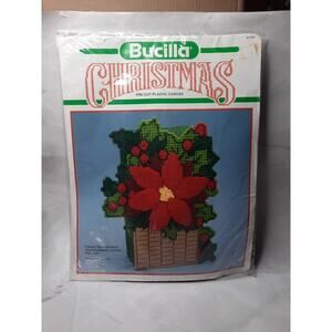 Vintage Bucilla Christmas Plastic Canvas Kit Poinsettia In Basket Doorstop